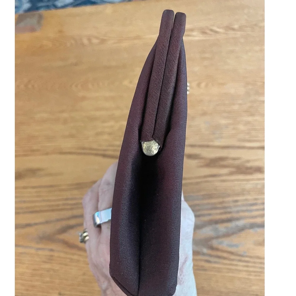 Vintage Brown Satin Bow Clutch Bag Gold Chain Shoulder Strap Evening Formal Bag